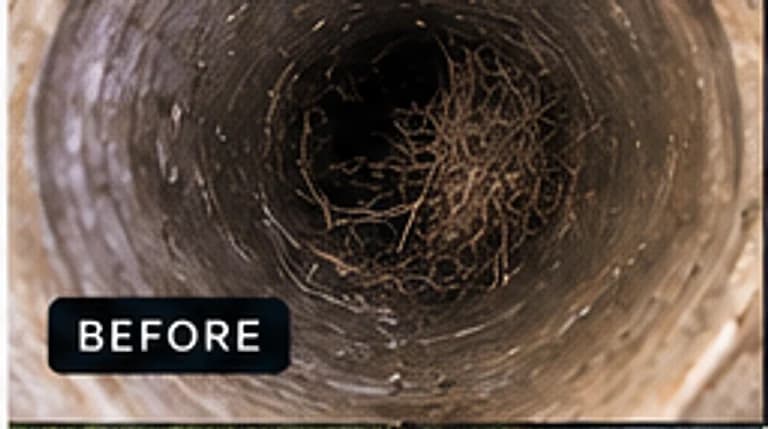 View along the inside of an older drain pipe showing a dense mat of tree roots growing across the bore