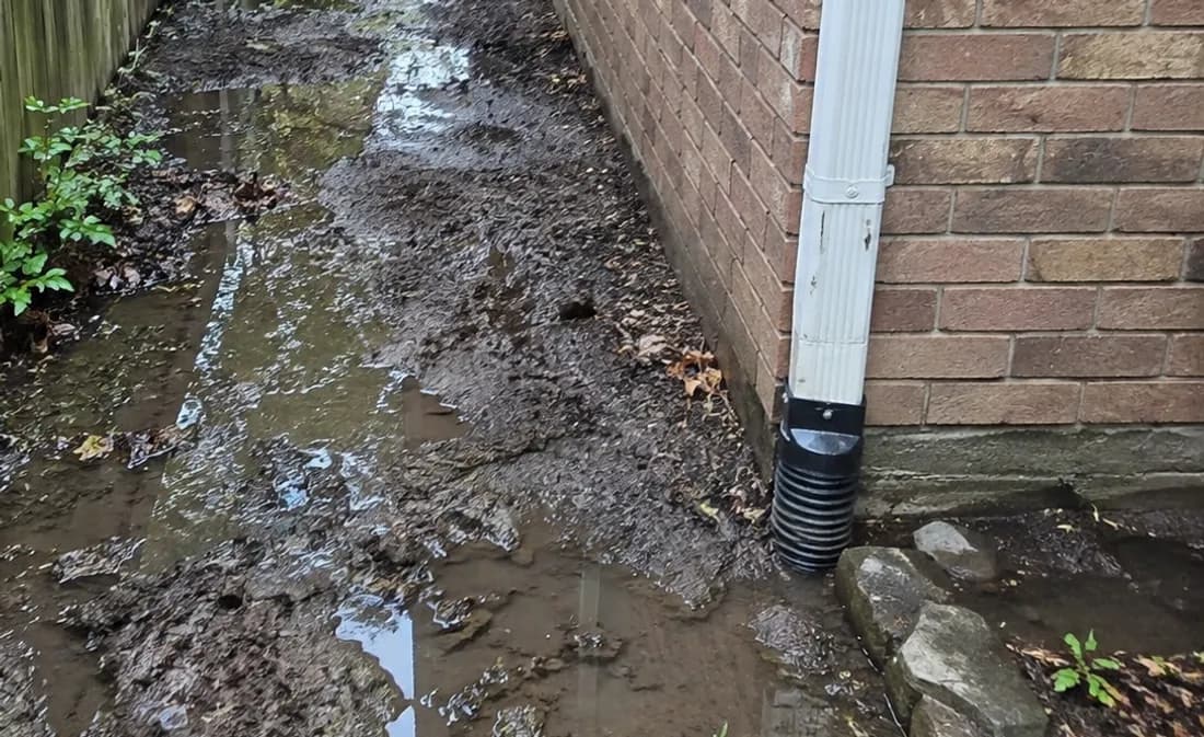 Narrow side yard between a house and fence with water pooling across bare, boggy ground
