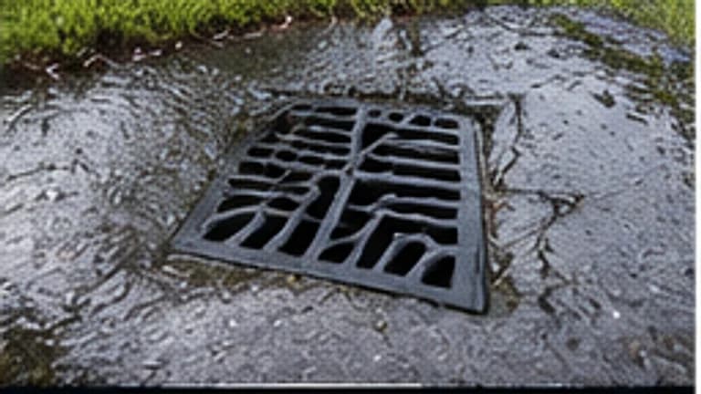 Clear stormwater grate with rainwater draining freely across wet concrete