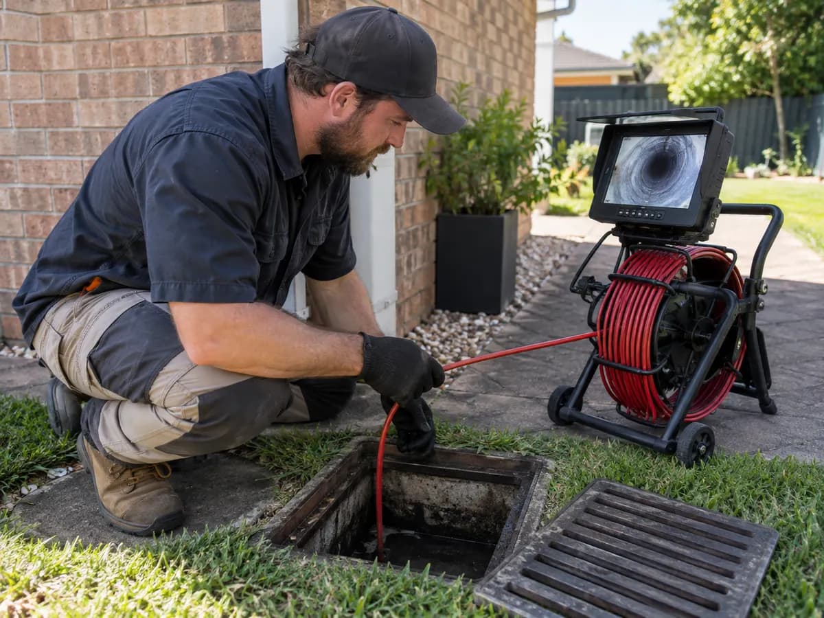 Drainage worker feeding a CCTV camera cable into a drain pit, with the reel and monitor showing the inside of the pipe