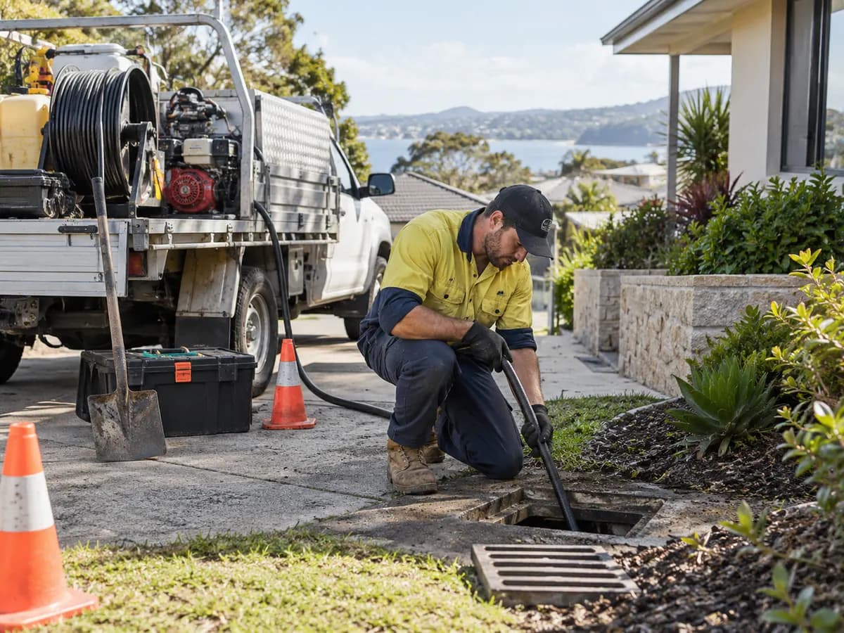 Drainage worker feeding a jetter hose into an open inspection point, with the jetting unit and hose reel on the ute behind