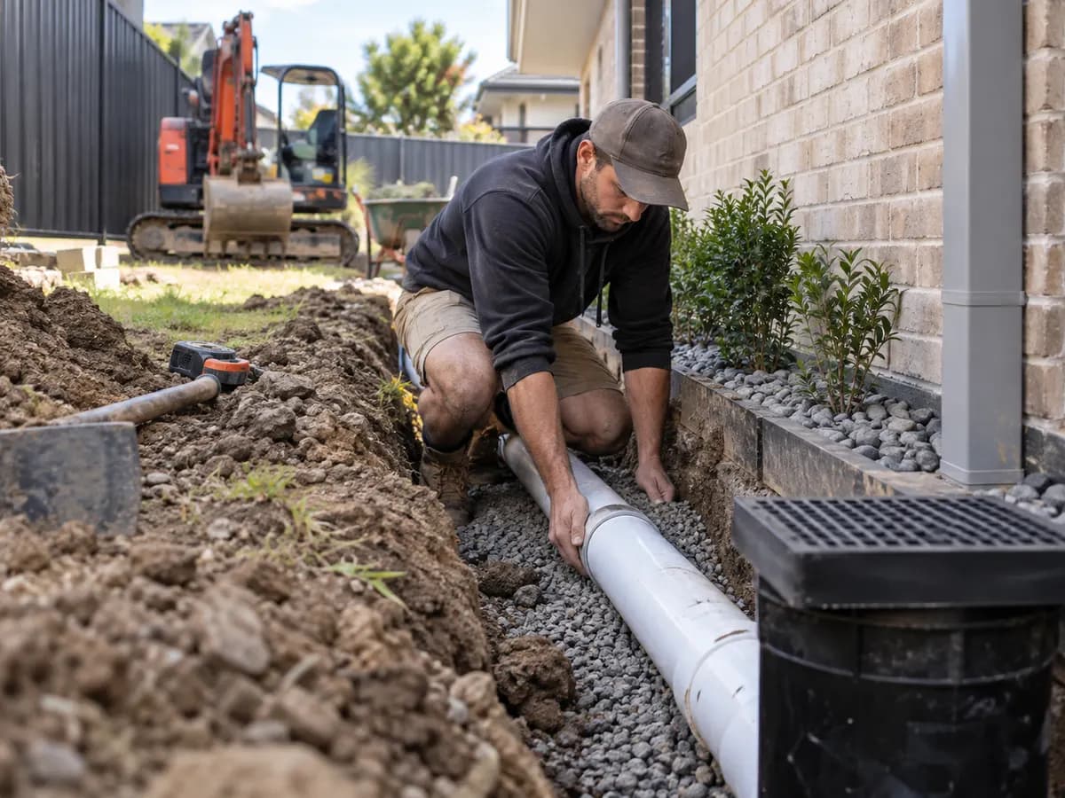 Drainage worker laying new stormwater pipe into a gravel-bedded trench beside a house, with an excavator and a new pit alongside