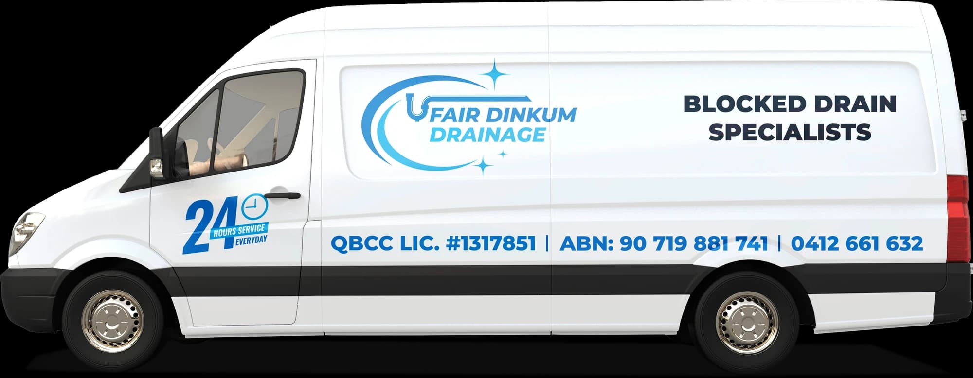 The Fair Dinkum Drainage van, signwritten as blocked drain specialists with QBCC licence 1317851 and ABN 90 719 881 741